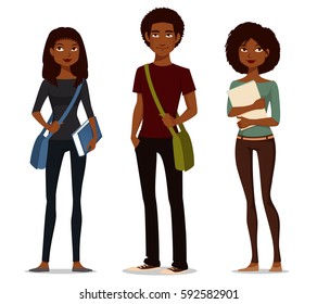 cartoon illustration of African American students. Young black people in street fashion. Cartoon character.
