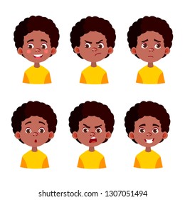 Cartoon Illustration Of African-american Boy. Set Of Black Kid`s Emotions. Facial Expression. Cartoon Boy Avatar. Vector Illustration Of Cartoon Child Character