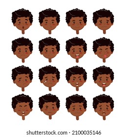 Cartoon illustration of african-american boy. Set of black kid`s emotions. Facial expression. Cartoon boy avatar. Vector illustration of cartoon child character