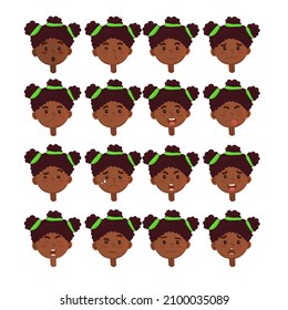 Cartoon illustration of african-american girl. Set of black kid`s emotions. Facial expression. Cartoon girl avatar. Vector illustration of cartoon child character