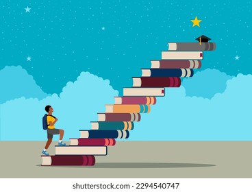 Cartoon illustration of an afro boy with a backpack climbing the stairs made of books to reach the stars