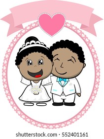 cartoon illustration of afroamerican bride and groom with white suit on round frame whit heart and empty banner isolated on white background, ideal for funny wedding invitation