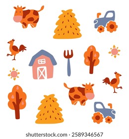 cartoon illustration with an agricultural theme, there is hay, chickens, a tractor