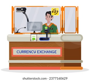 Cartoon illustration of airport currency exchange desk with assistant on a white isolated background.