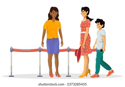 Cartoon illustration of airport inspection process. Vector concept of check people by inspector on a white isolated background.