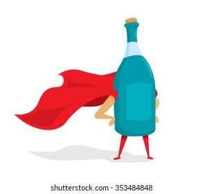 Cartoon illustration of alcoholic beverage bottle standing as super hero