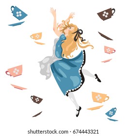 Cartoon illustration, Alice in Wonderland falling with cups, cute girl in dress. Vector.