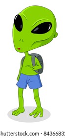 Cartoon illustration of an alien with a backpack