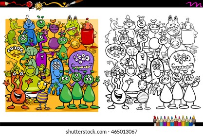 Cartoon Illustration of Alien Characters Coloring Book Activity