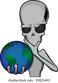 Cartoon illustration of an Alien holding the Earth.