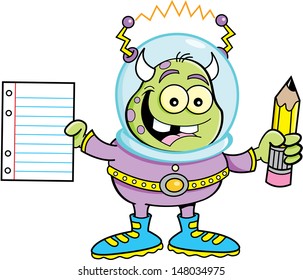 Cartoon illustration of a alien holding a paper and pencil