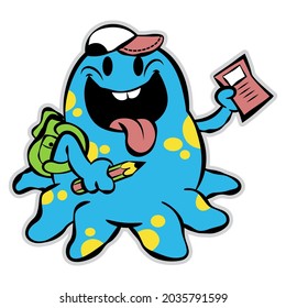Cartoon illustration of Alien holding pencil and book, wearing backpack and cap, get ready back to school, best for decal, mascot, and logo with education themes