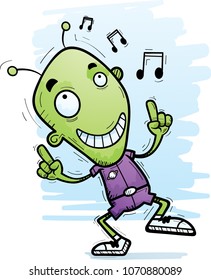 A cartoon illustration of an alien man dancing.