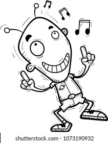 A cartoon illustration of an alien man dancing.