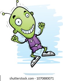 A cartoon illustration of an alien man jumping.