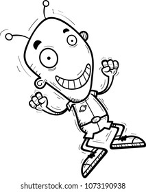 A cartoon illustration of an alien man jumping.
