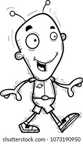 A cartoon illustration of an alien man walking.