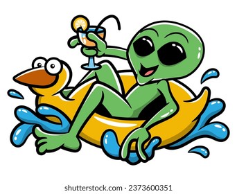 Dibujo de caricatura de Alien jugando una boya de pato en la playa mientras toma un cóctel, mejor para el logo, pegatina, decoración y mascota con temas de vacaciones de verano