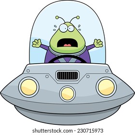 A cartoon illustration of an alien in a UFO looking scared.