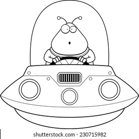 A cartoon illustration of an alien in a UFO looking surprised.