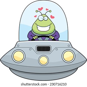A cartoon illustration of an alien in a UFO in love.