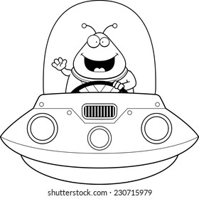 A cartoon illustration of an alien in a UFO waving.