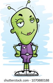 A cartoon illustration of an alien woman looking confident.