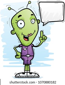 A cartoon illustration of an alien woman talking.