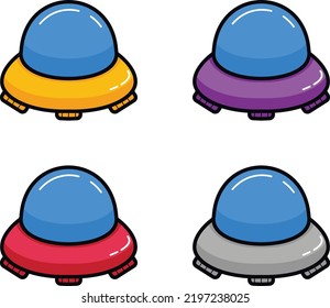 Cartoon illustration of aliens in UFO in different colors