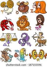 Cartoon Illustration of All Horoscope Zodiac Signs Set