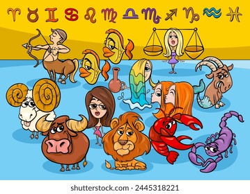 Cartoon illustration of all zodiac signs characters collection