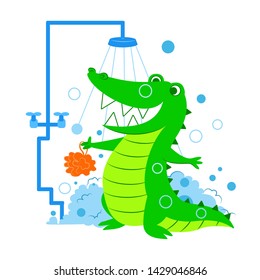 Cartoon illustration of alligator in the shower. Cheerful Crocodile in the bathroom, takes a shower with pleasure. Happy heaithy life style. Good rules of  hygience for children