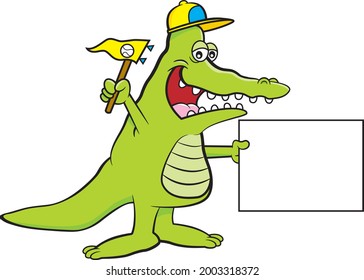 Cartoon Illustration Of An Alligator Wearing A Baseball Cap And Holding A Pennant And A Sign.