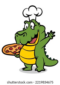 Cartoon illustration of Alligator wearing chef hat and delivering a box of pizza. Best for sticker, logo, and mascot with fast food restaurant themes