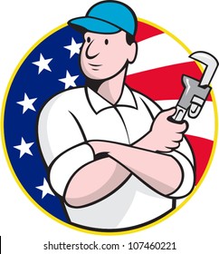 Cartoon illustration of an American plumber worker repairman tradesman with adjustable monkey wrench set inside circle with stars and stripes flag.