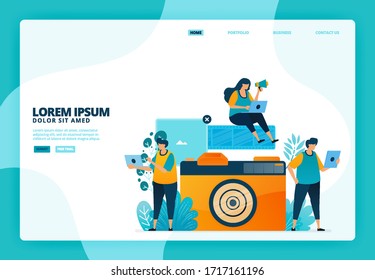 Cartoon illustration of analog cameras and films. Vector design for landing page website web banner mobile apps poster