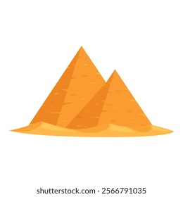 Cartoon illustration of ancient egyptian pyramids in a desert landscape with arid sand dunes and a sunny orange background