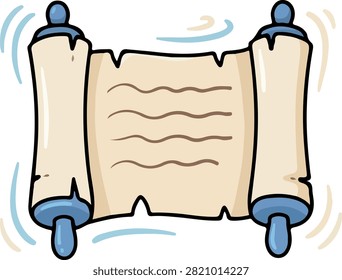 A cartoon illustration of an ancient parchment scroll with blue handles, featuring wavy lines indicating old text or magic, against a white background.