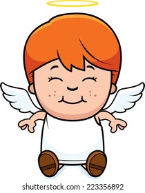 A cartoon illustration of a angel boy sitting and smiling.