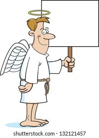 Cartoon illustration of an angel holding a sign.