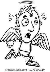 A cartoon illustration of an angel running and looking exhausted.