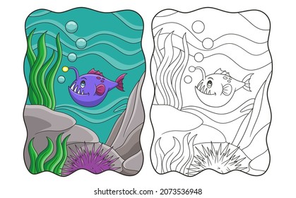 ilustración de dibujos animados peces pescadores nadando en el mar con erizos de mar libro o página para niños