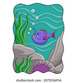 cartoon illustration angler fish swimming in the sea with sea urchins