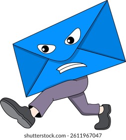 Cartoon illustration of an angry blue envelope with human legs running.