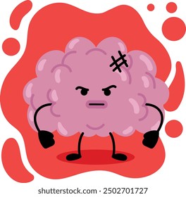 A cartoon illustration of an angry brain character with clenched fists and a scowl, set against a bold red background with abstract shapes. Ideal for concepts related to stress and mental health.