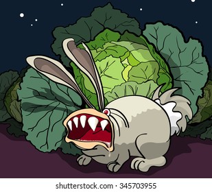 Cartoon illustration of an angry bunny guards cabbage