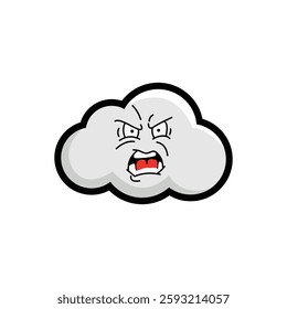 Cartoon illustration of an angry cloud with a furious expression, featuring bold outlines and a red mouth, perfect for weather-related graphics.