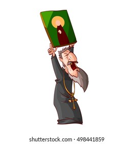 Cartoon illustration of an angry eastern orthodox priest or monk, holding an icon