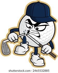 Cartoon-Illustration eines wütenden Golfballs bricht Golfschläger mit seinen Füßen. T-Shirt und Aufkleber Design.