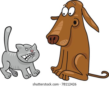 Cartoon Illustration Of Angry Kitten And Startled Dog